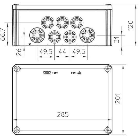 Verbindungsdose - Kabelabzweigkasten 285x201x120 mm, glasfaserverstärkt, lichtgrau RAL 7035, Polypropylen mit Einführungen