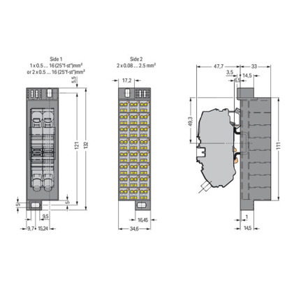 Potentialblock 1-24 mit Einspeiseklemme und Abschlussplatte für 19"-Schrank