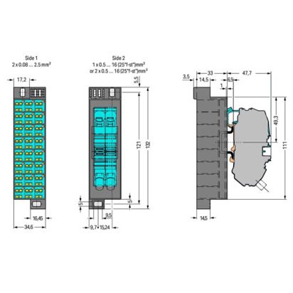 Potentialblock 1-24 mit Einspeiseklemme und Abschlussplatte für 19"-Schrank
